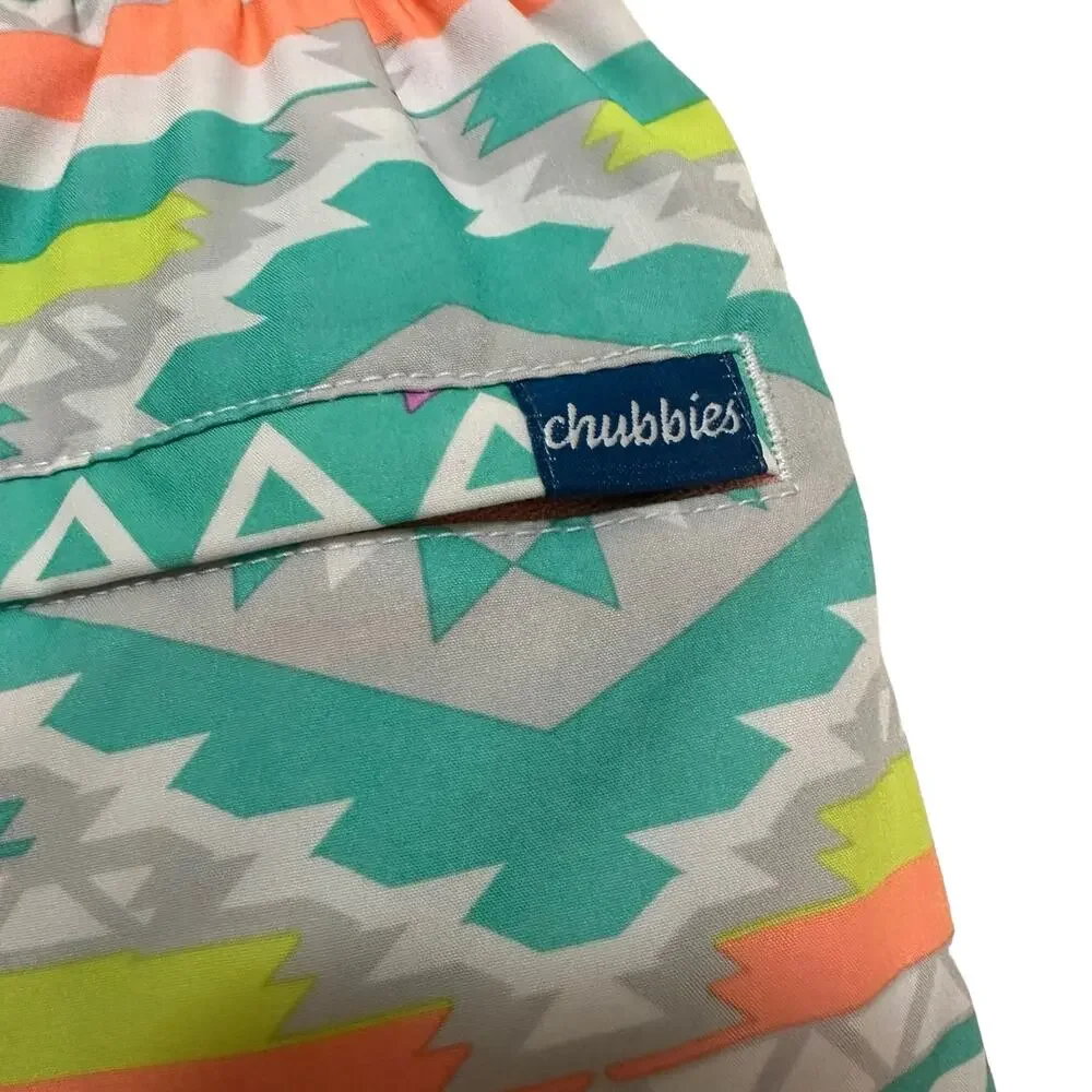 Chubbies The En Fuegos Teal Geometric Classic Swim Shorts Small 5.5